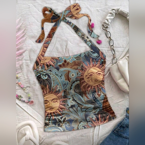 SHEIN Tops - Soleia Halter Sun Pattern Knitted Textured Fitted Tank Top